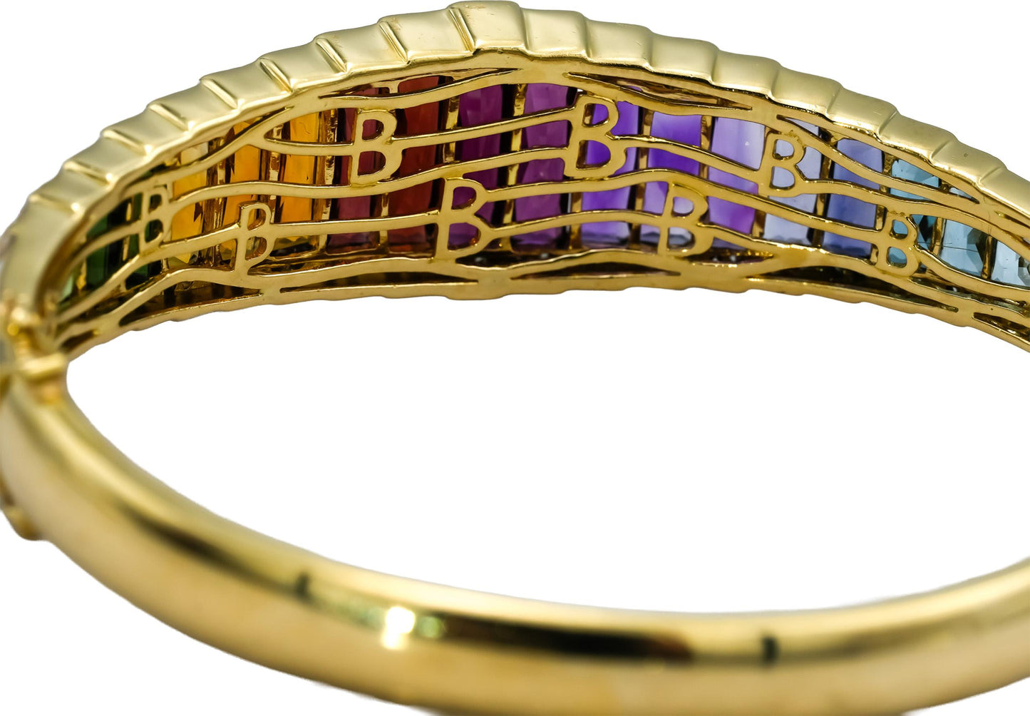 BELLARI 18k Yellow Gold Diamond and Rainbow Gemstone Bangle Bracelet 0.20CT