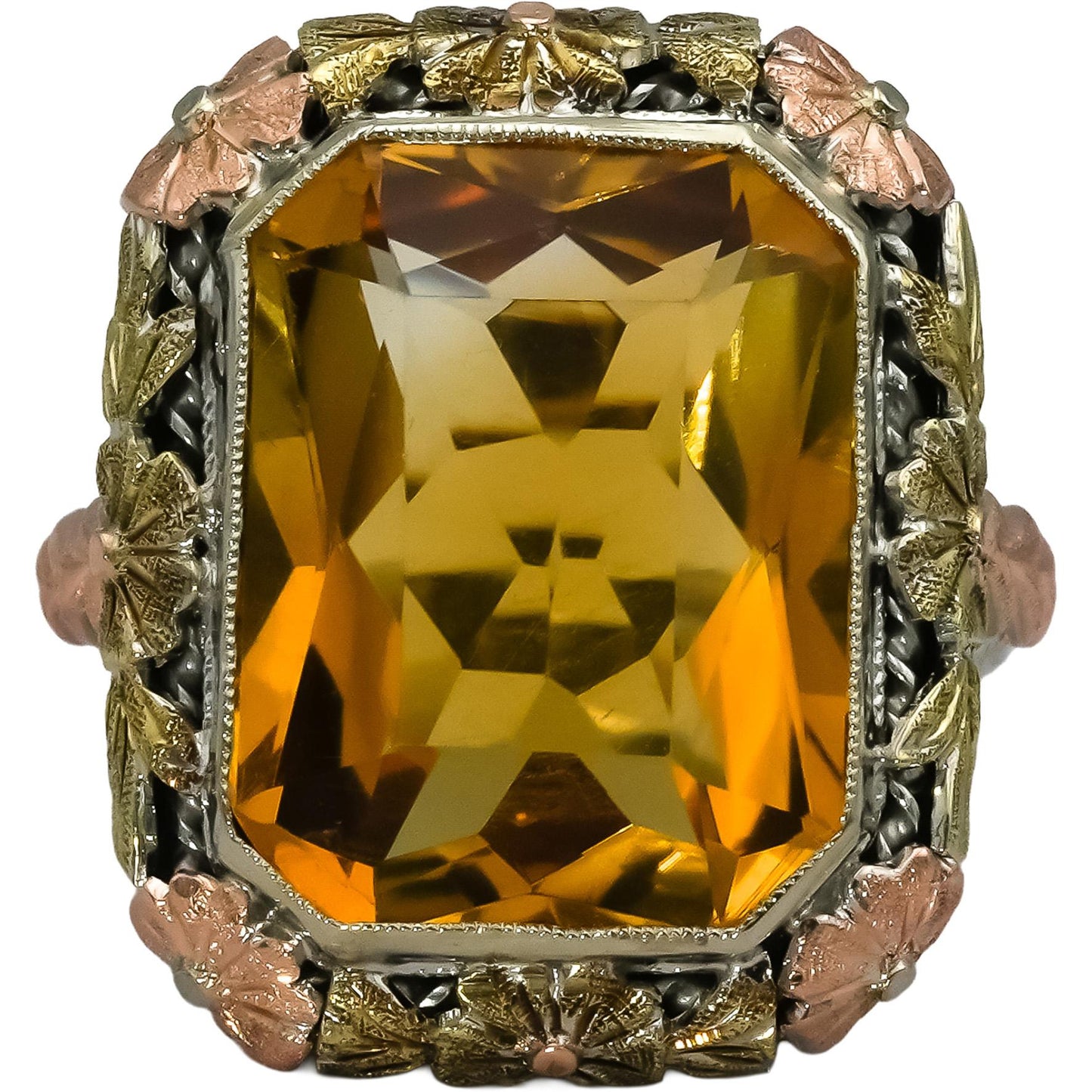 Art Deco Filigree Antique 14k White and Yellow Gold Citrine Ring 10.0CT Size 4.5