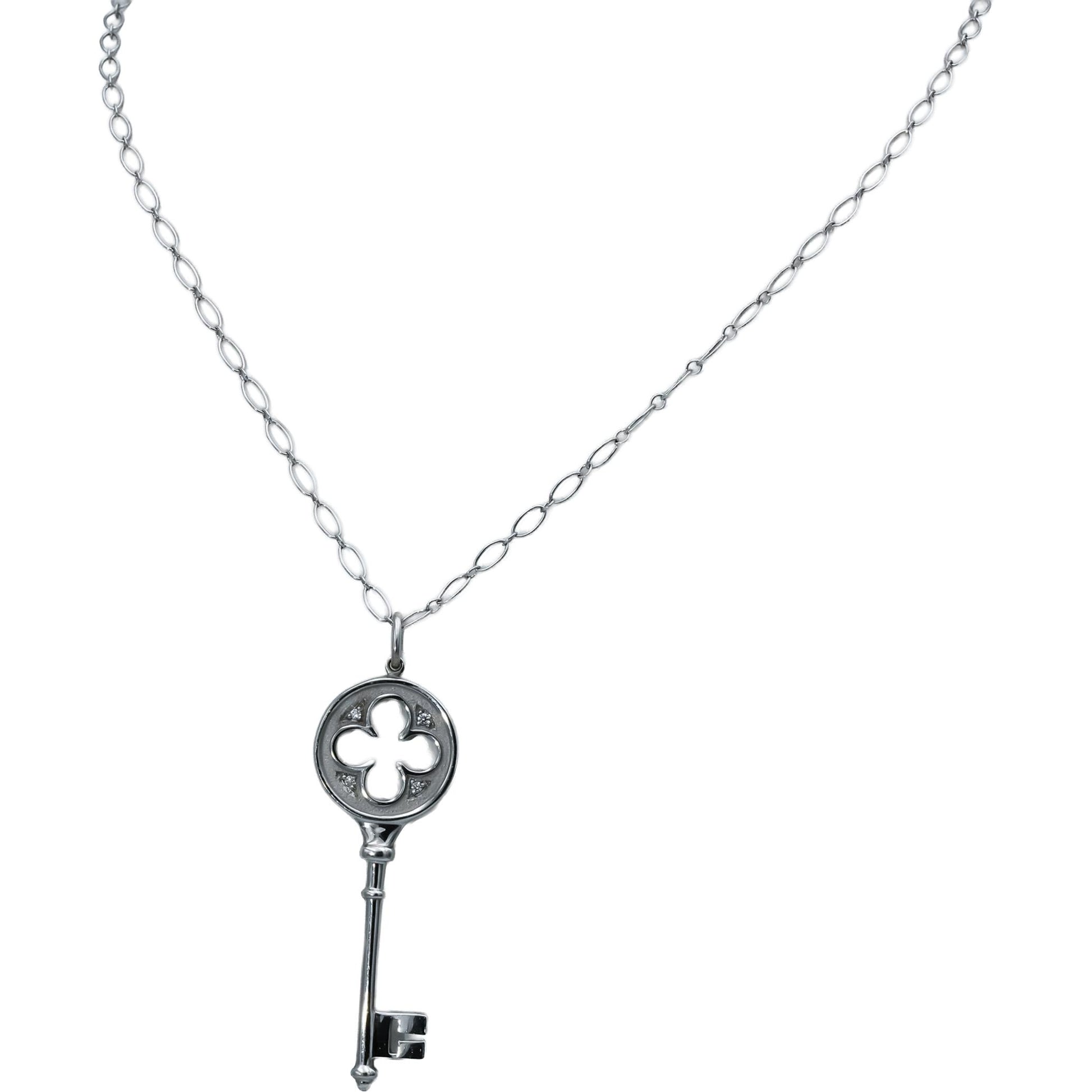 TIFFANY & CO. 18k White Gold Clover Key Pendant Necklace w/ Diamond Accents