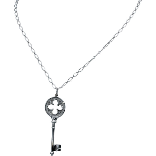 TIFFANY & CO. 18k White Gold Clover Key Pendant Necklace w/ Diamond Accents