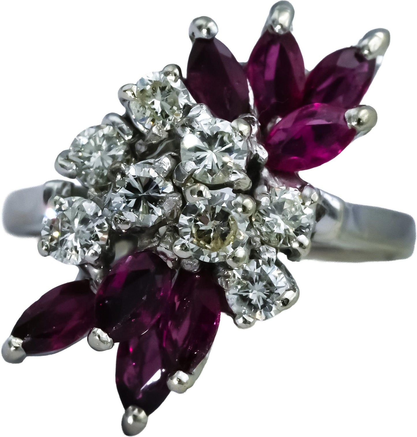Vintage 14k White Gold Round Diamond & Marquise Ruby Cocktail Ring 1.75CT Size 7
