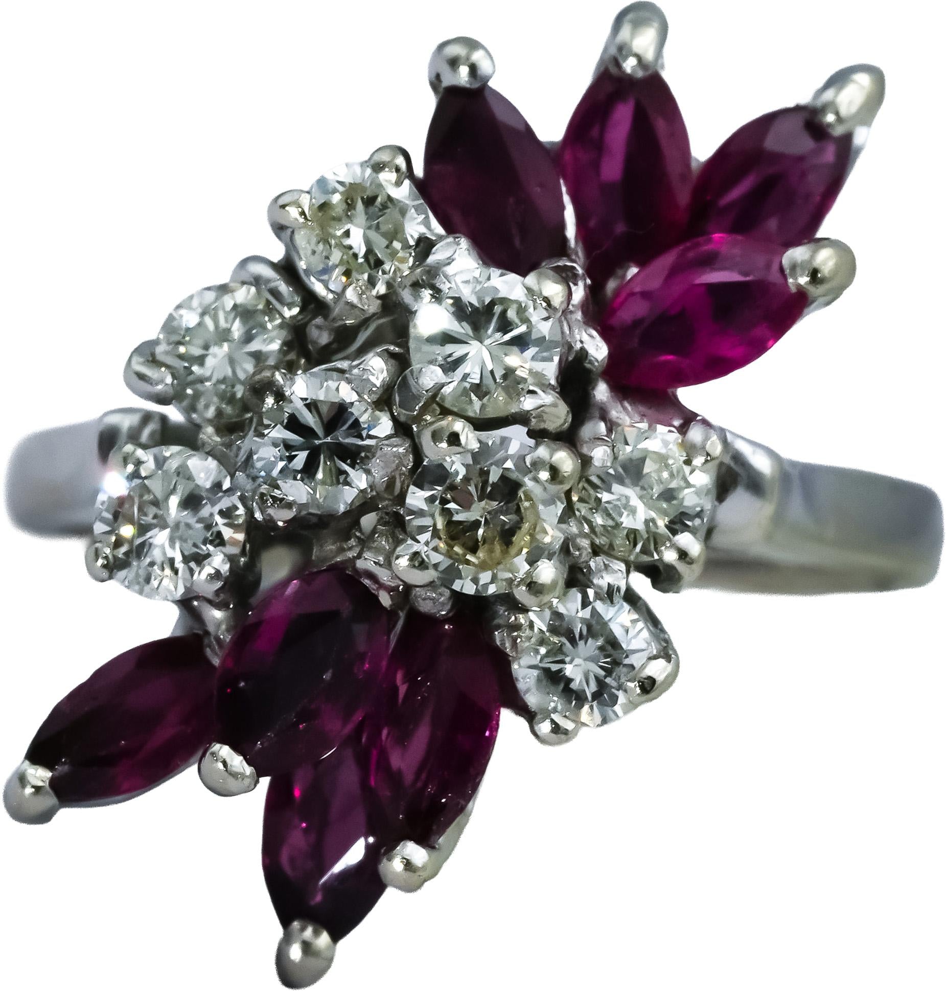 Vintage 14k White Gold Round Diamond & Marquise Ruby Cocktail Ring 1.75CT Size 7