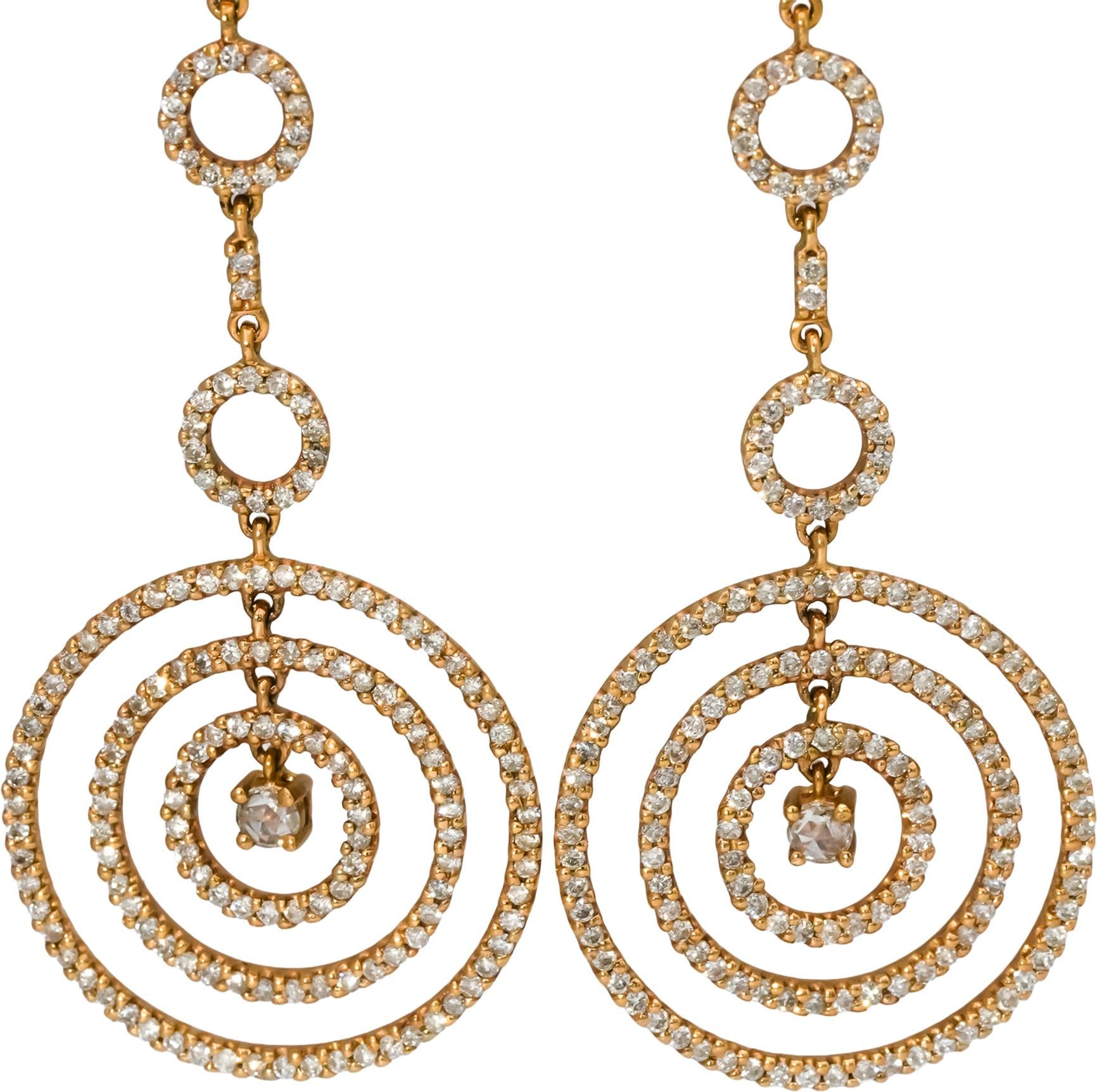 18k Rose Gold Round Diamond Circle Dangle Earrings 2.0CT