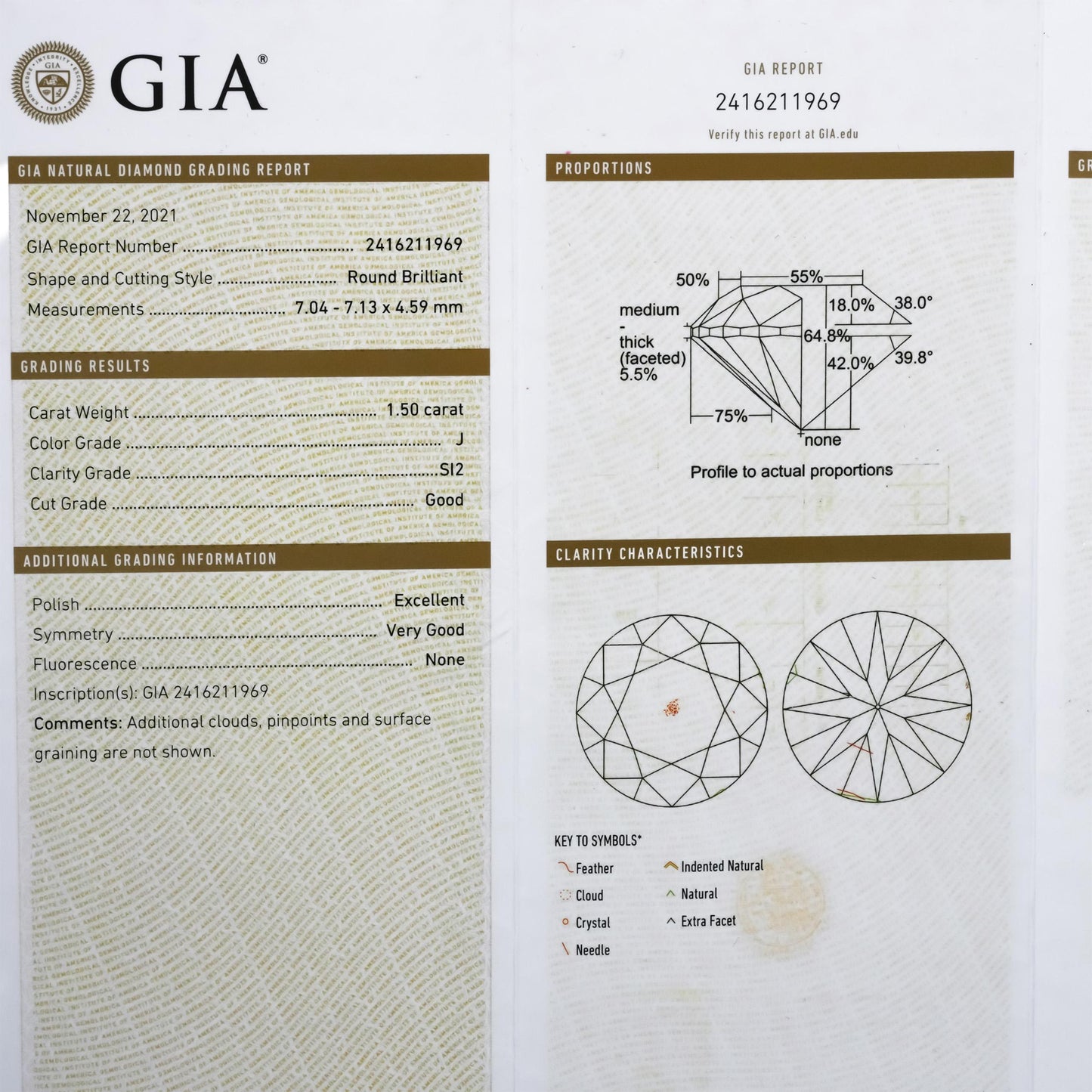 GIA Certified SI2/J Round Cut Natural Diamond Loose Stone 1.50CT