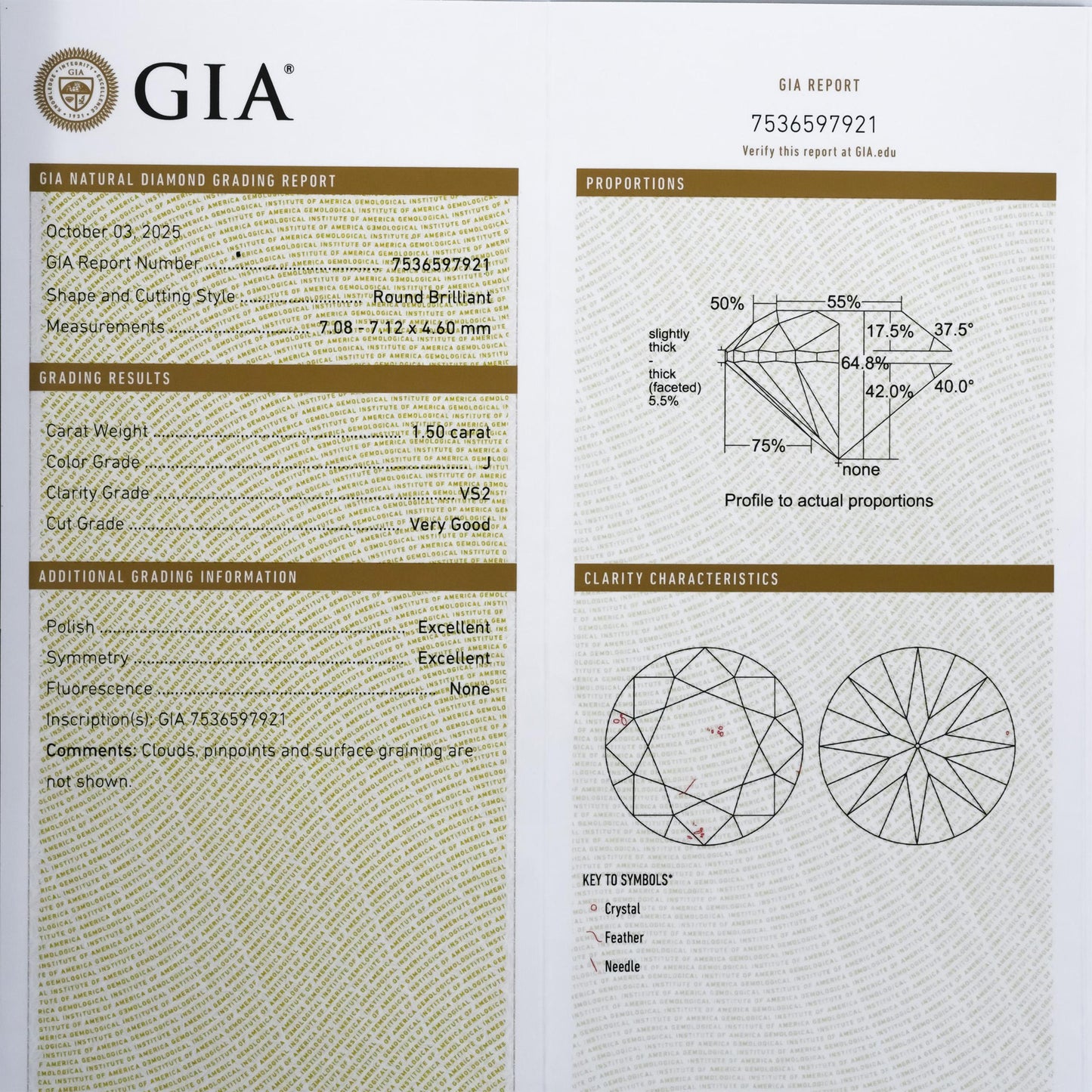 GIA Certified VS2/J Round Cut Natural Diamond Loose Stone 1.50CT