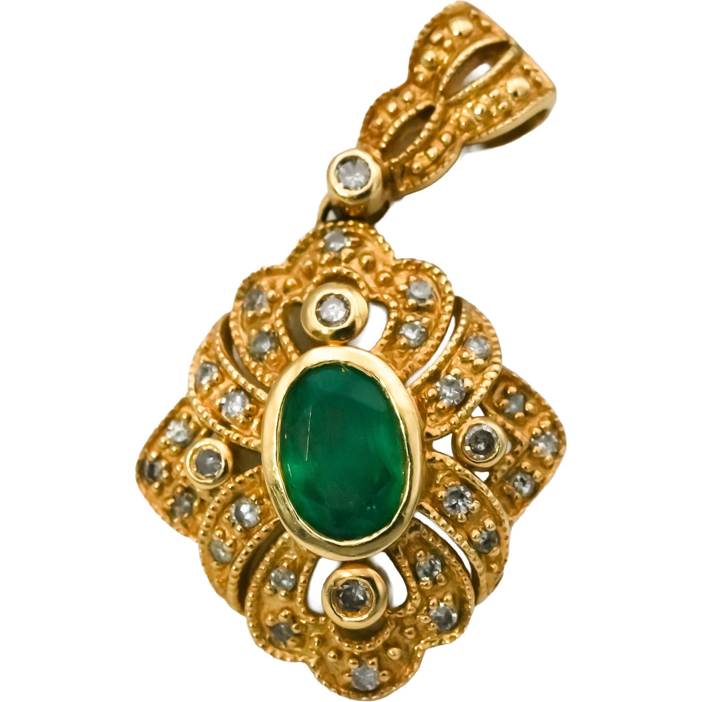 14k Yellow Gold Round Diamond and Oval Emerald Pendant 0.90CT