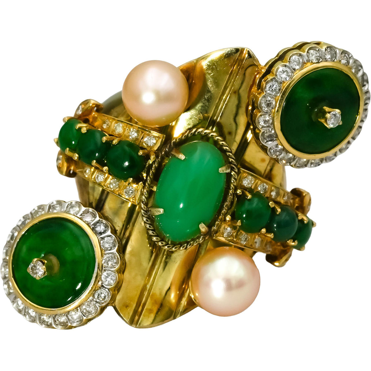 14k Yellow Gold Diamond Pearl Jade Retro Statement Ring Size 7