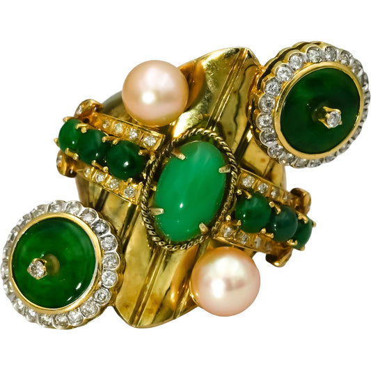 14k Yellow Gold Diamond Pearl Jade Retro Statement Ring Size 7