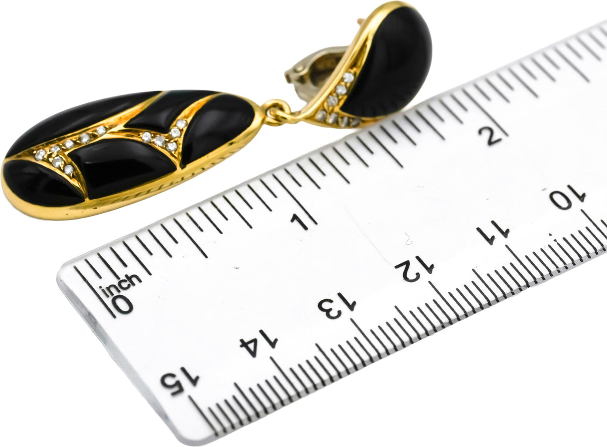 18k Yellow Gold VS Diamond and Black Onyx Drop Dangle Earrings 0.33CT