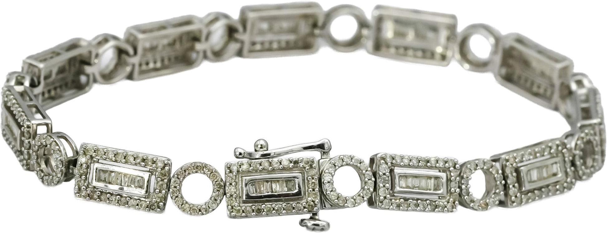 14k White Gold Baguette and Round Diamond Fancy Link Bracelet 2.0CT