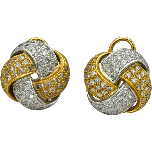 18k Yellow White Gold Round Diamond Cluster Knot Earrings 2.0CT