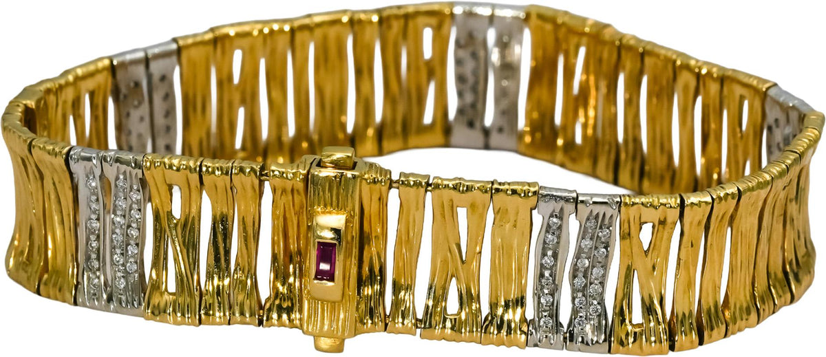 ROBERTO COIN 18k Yellow White Gold Pave Diamond "Elephant Skin" Bracelet 0.40CT