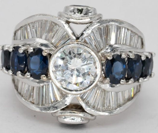 Art Deco 18k White Gold 5.70ct Diamond and Blue Sapphire Ring Size 5.75