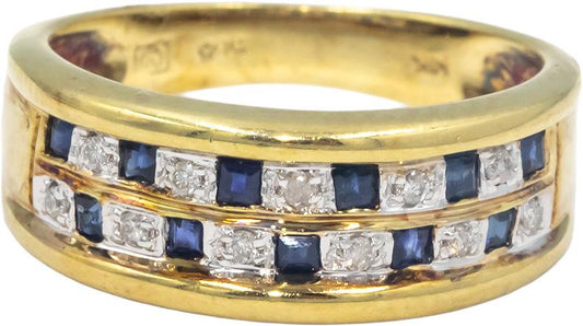 14k Yellow Gold 0.18CT Diamond and Sapphire Band Ring Size 6.75