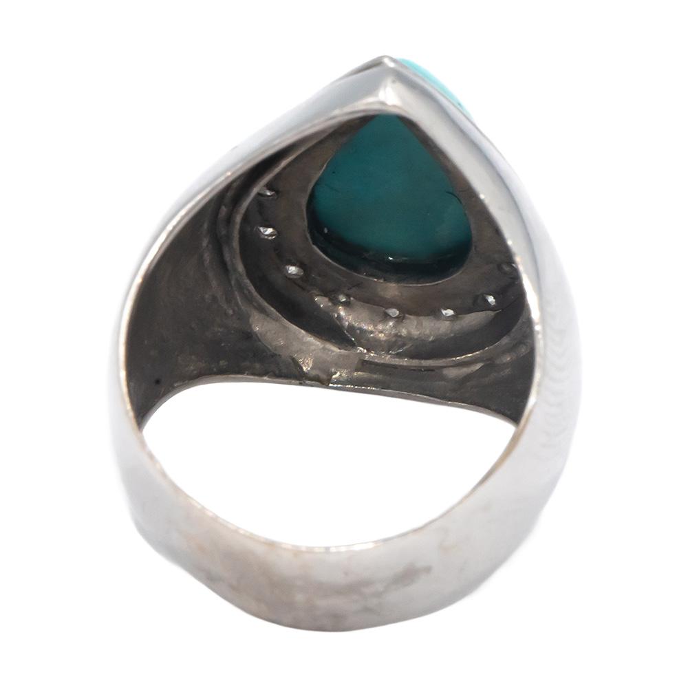 14k White Gold Round Diamond & Cabochon Turquoise Cocktail Ring 0.15CT Size 5.5