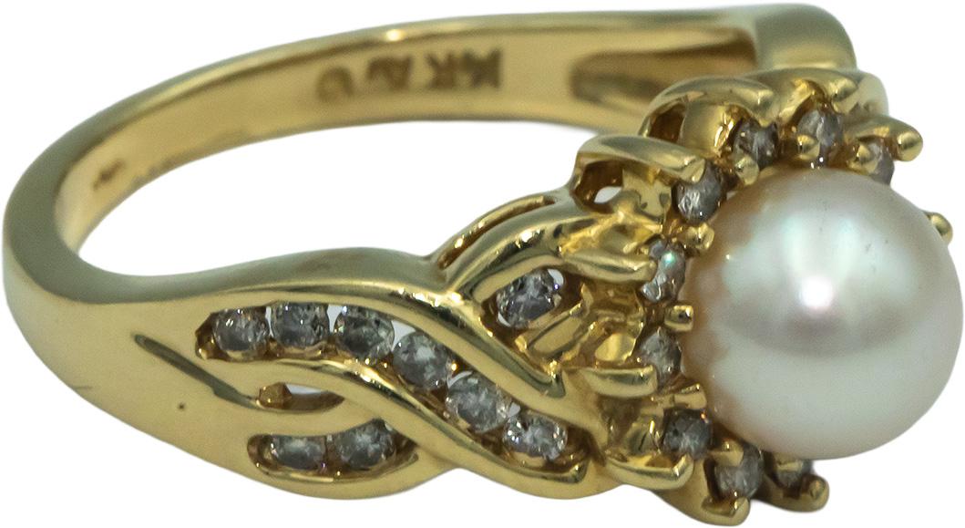 14k Yellow Gold 0.40CT Diamond and 7mm Pearl Cocktail Ring Size 7