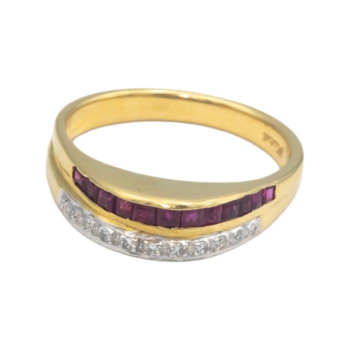 Designer 18k Gold Round Diamond and Square Ruby Band Ring 0.35CT Size 7