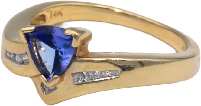 Vintage 14k Yellow Gold Round Diamond and Trillion Tanzanite Ring 0.56CT Size 7