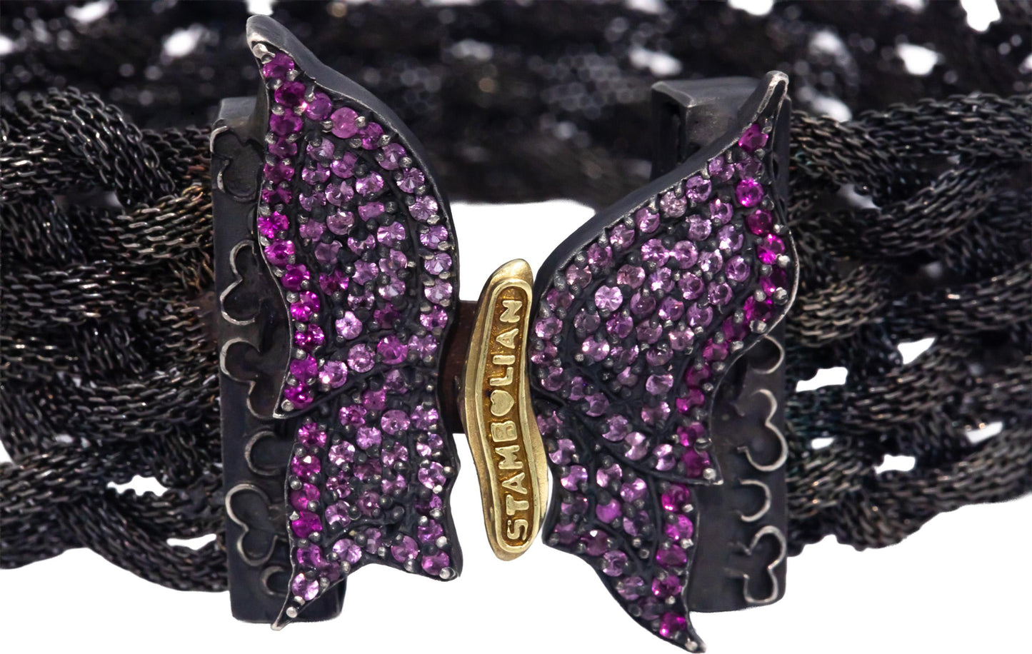 STAMBOLIAN 18k Gold Sterling Silver 2.0CT Pink Sapphire Butterfly Mesh Bracelet
