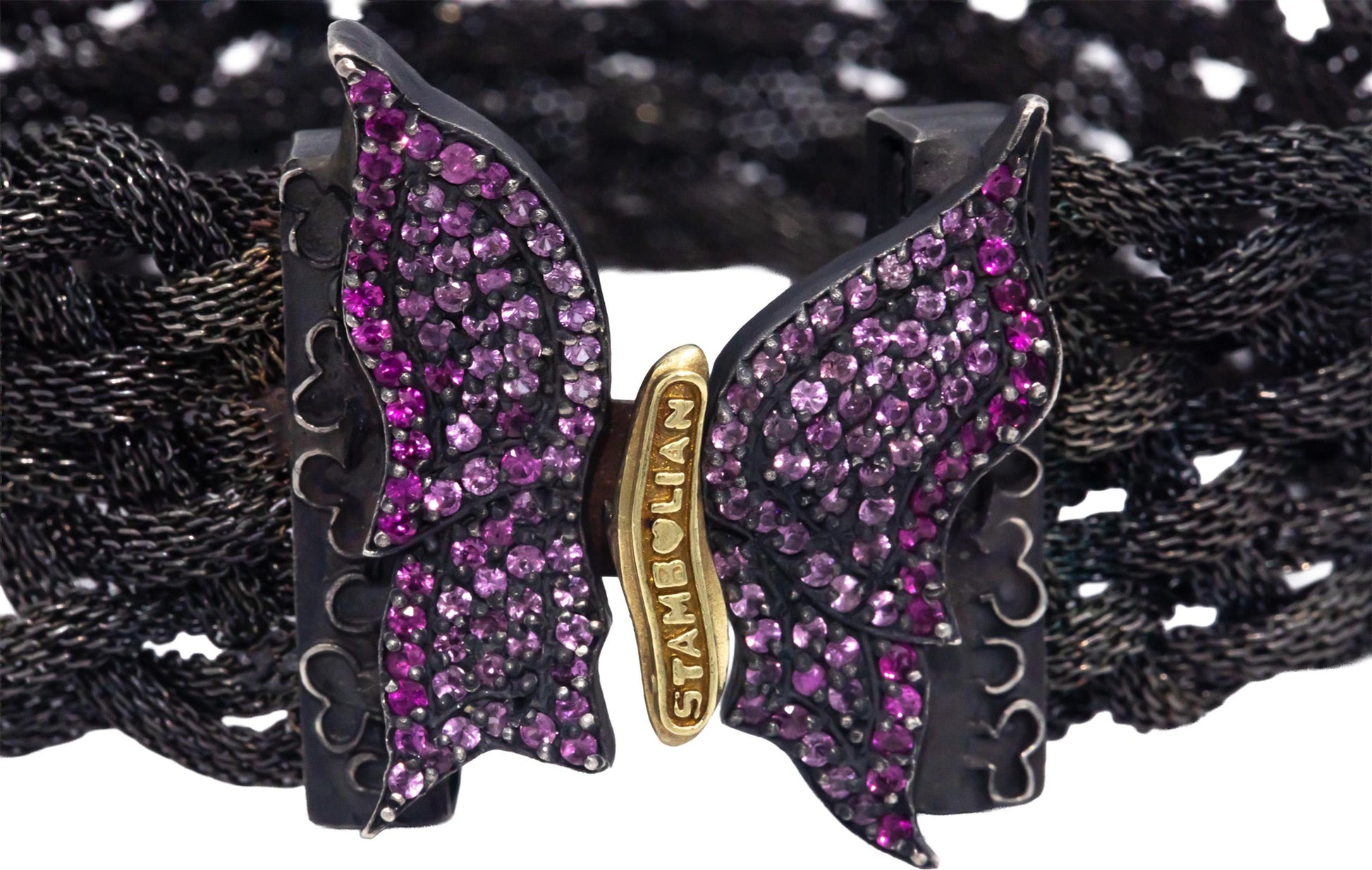 STAMBOLIAN 18k Gold Sterling Silver 2.0CT Pink Sapphire Butterfly Mesh Bracelet