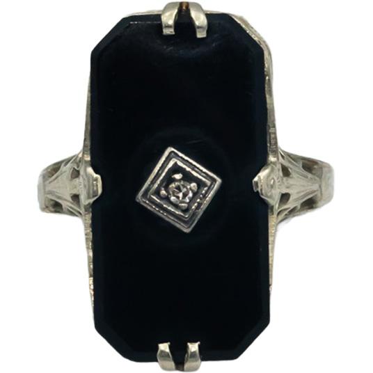 Antique Vintage 14k White Gold 0.01CT Diamond and Onyx Ring Size 5.25