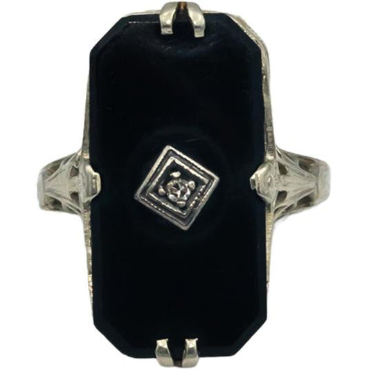 Antique Vintage 14k White Gold 0.01CT Diamond and Onyx Ring Size 5.25