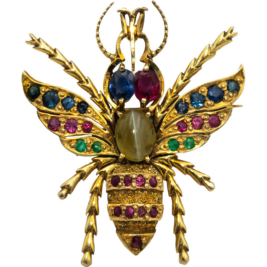 14k Yellow Gold Cats Eye Ruby Emerald Sapphire Fly Insect Pendant Brooch Pin