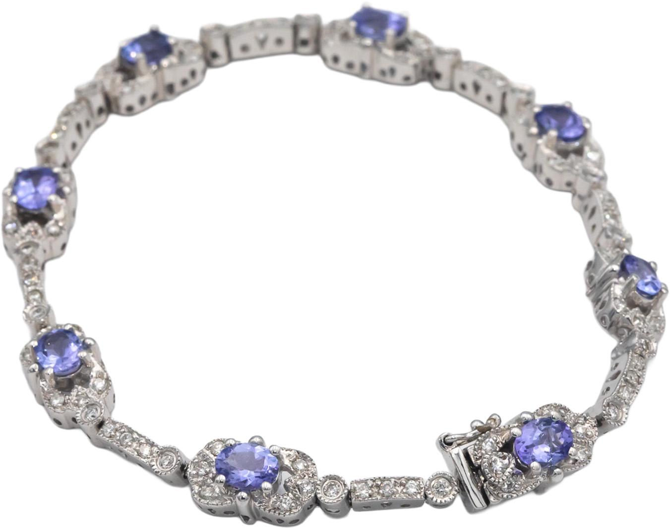 18k White Gold Diamond and Tanzanite Fancy Link Bracelet 3.49CT