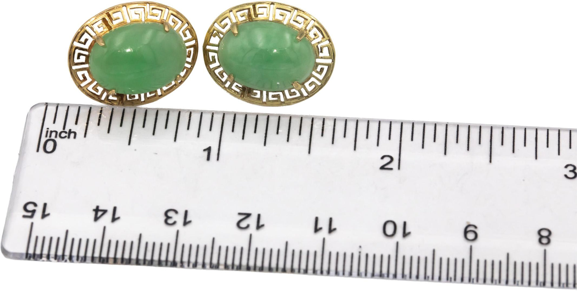 14k Yellow Gold 8.0CT Cabochon Cut Jade Greek Key Stud Earrings