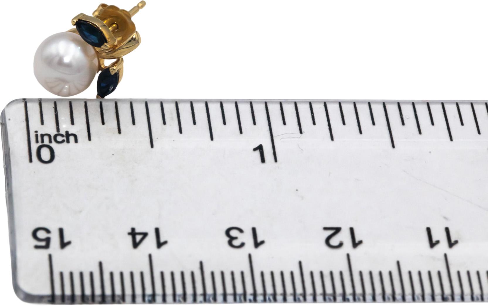 14k Yellow Gold 0.25CT Sapphire and 6.8mm Pearl Flower Stud Earrings