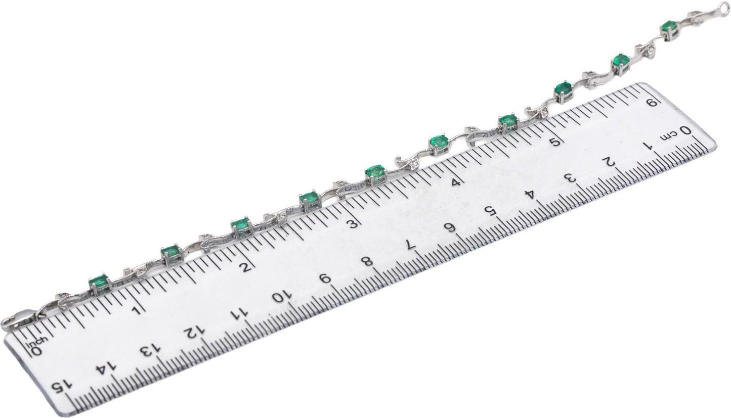 14k White Gold Diamond and Emerald Fancy Floral Link Bracelet 1.56CT
