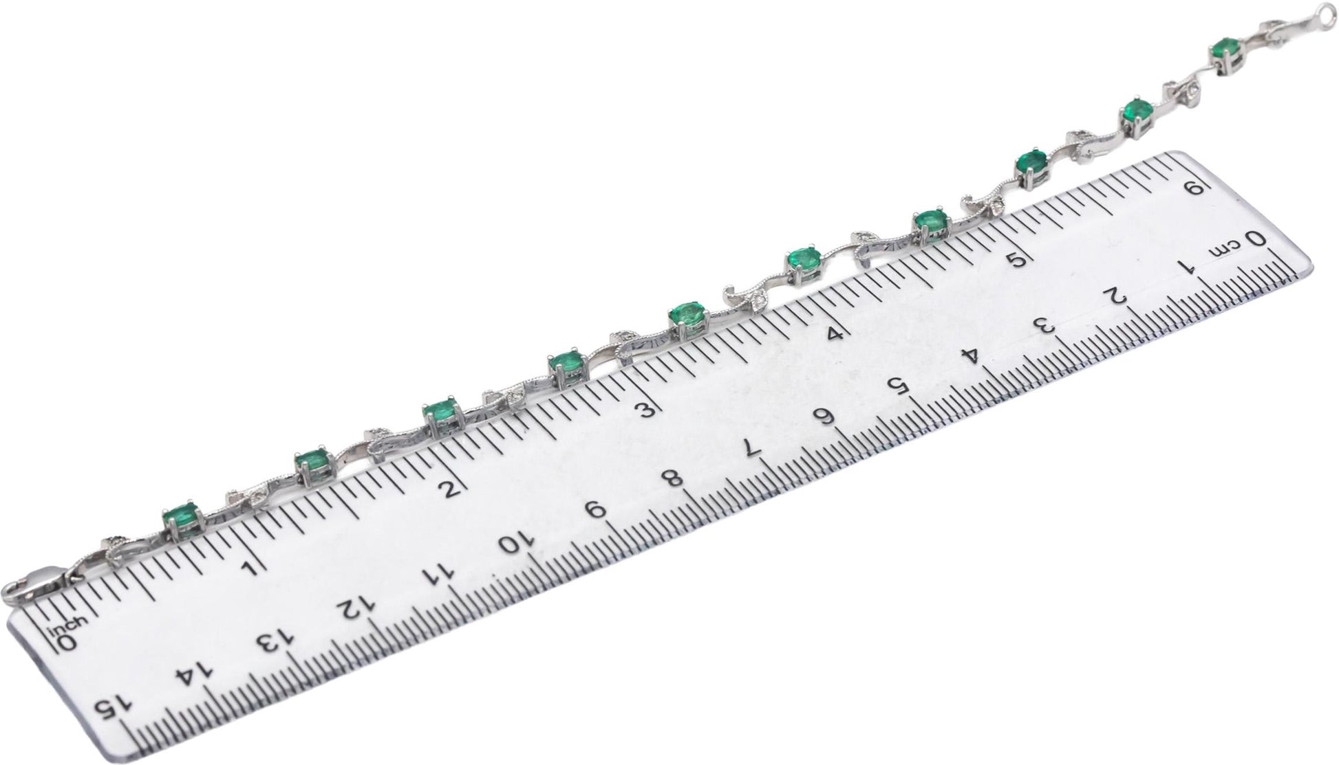 14k White Gold Diamond and Emerald Fancy Floral Link Bracelet 1.56CT