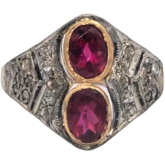 Vintage Antique 10k Gold & Silver 0.20CT Diamond and Tourmaline Ring Size 7.25