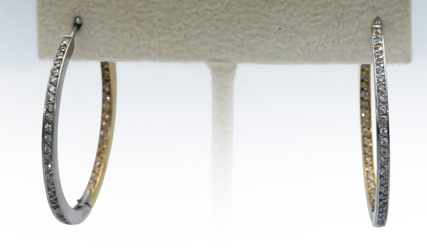 14k Yellow and White Gold Round Diamond Inside Out Hoop Earrings 1.0CT