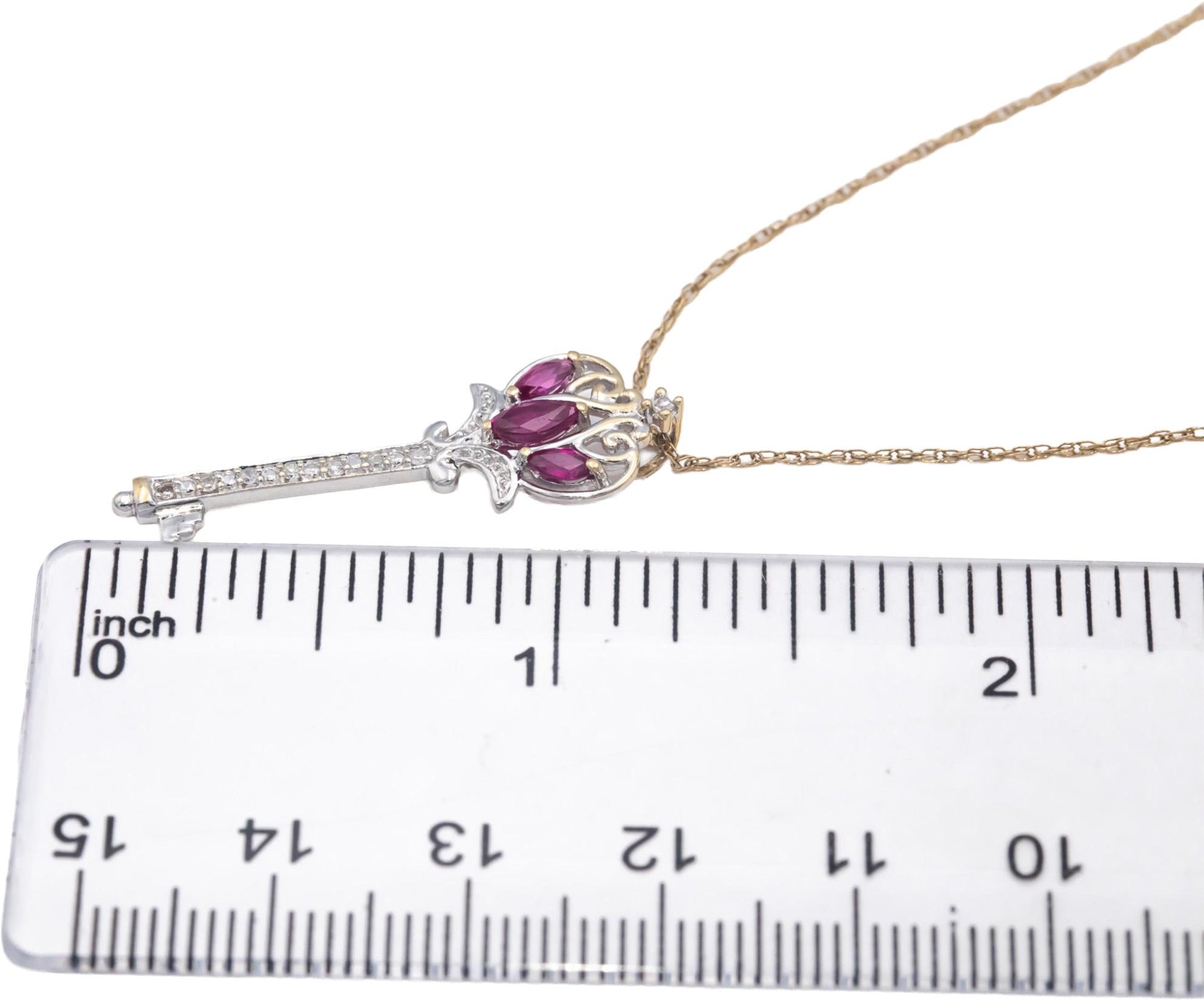 14k White & Yellow Gold 0.35CT Diamond and Ruby Key Pendant Necklace