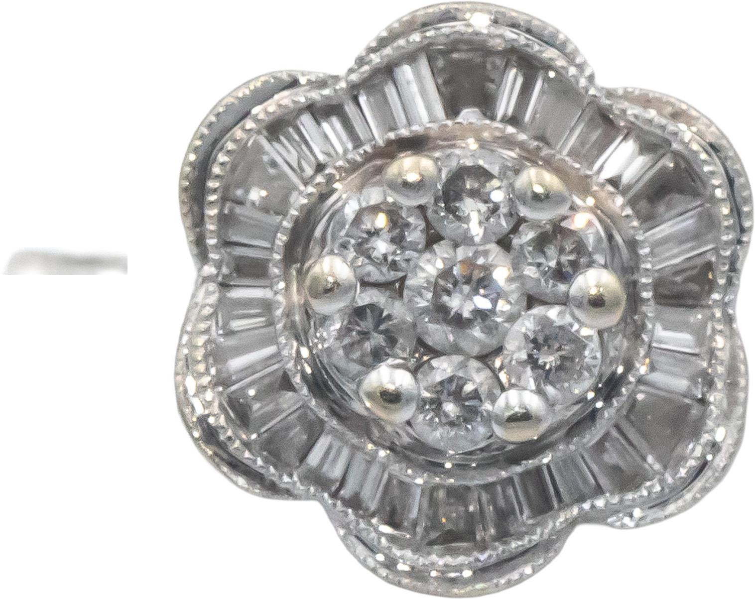 14k White Gold 0.50CT Round and Baguette Cut Diamond Floral Ring Size 6