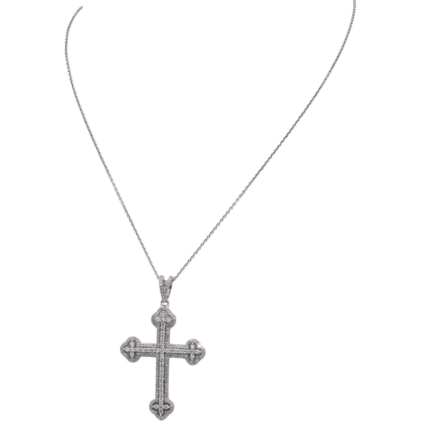 14k White Gold 1.0CT Round Cut Diamond Cross Crucifix Pendant Necklace Chain