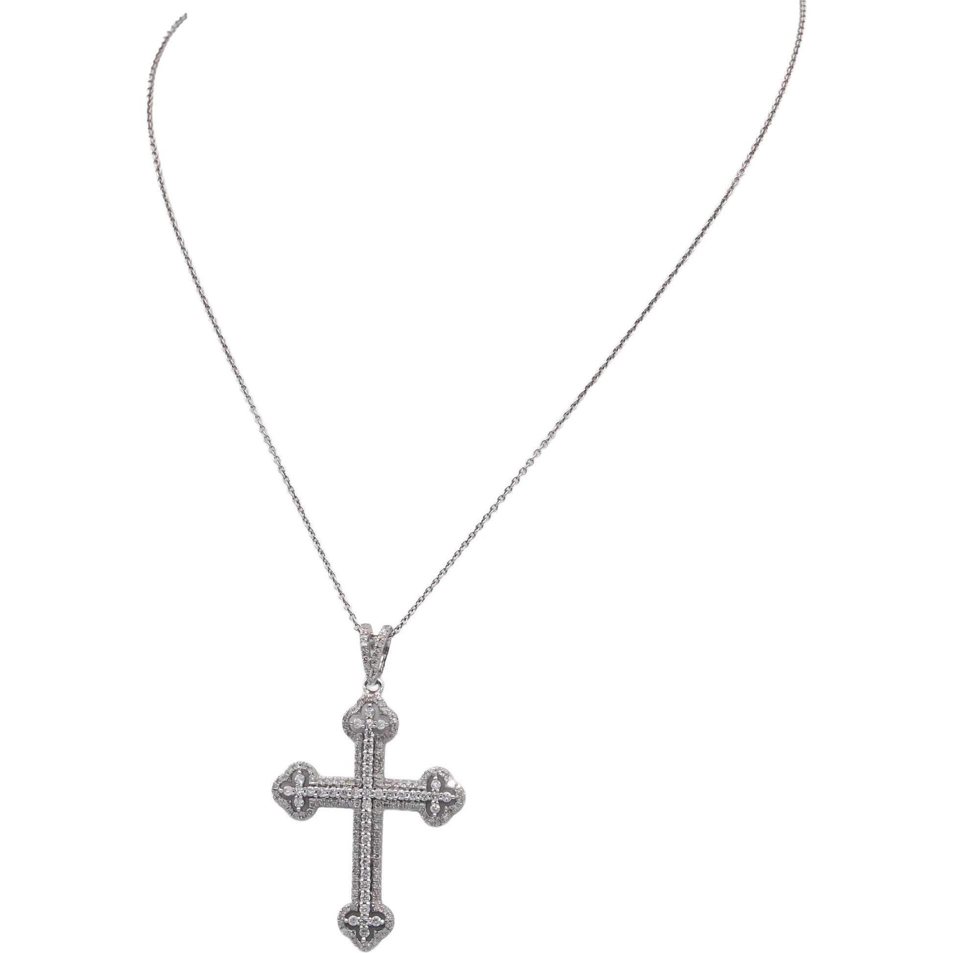 14k White Gold 1.0CT Round Cut Diamond Cross Crucifix Pendant Necklace Chain