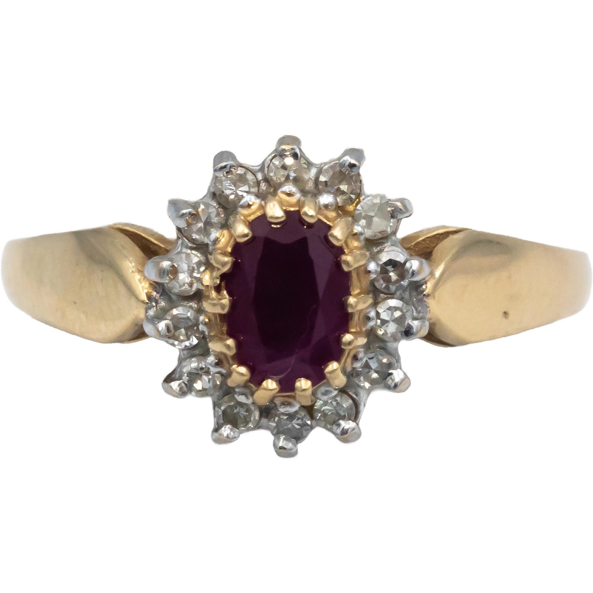 Oval Ruby and Round Diamond 14k Yellow Gold Halo Cocktail Ring Size 7.75