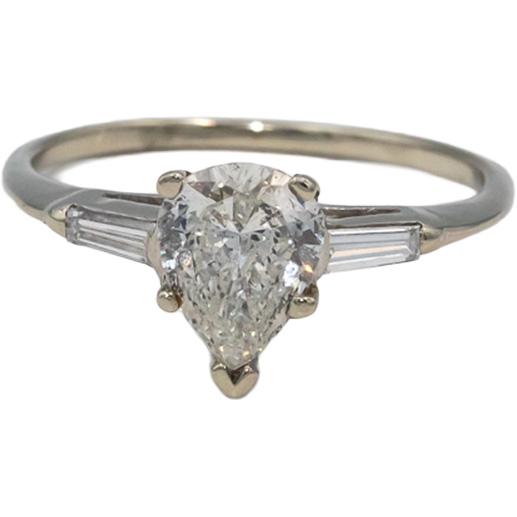 14k White Gold Pear & Baguette Cut Diamond Engagement Ring 0.89CT Size 6