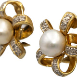 14k Yellow Gold Round Diamond & 8mm Pearl Floral Ribbon Earrings 0.25CT