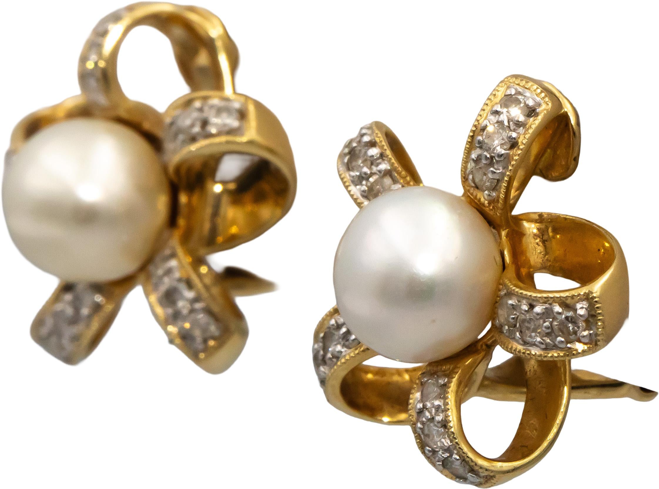 14k Yellow Gold Round Diamond & 8mm Pearl Floral Ribbon Earrings 0.25CT