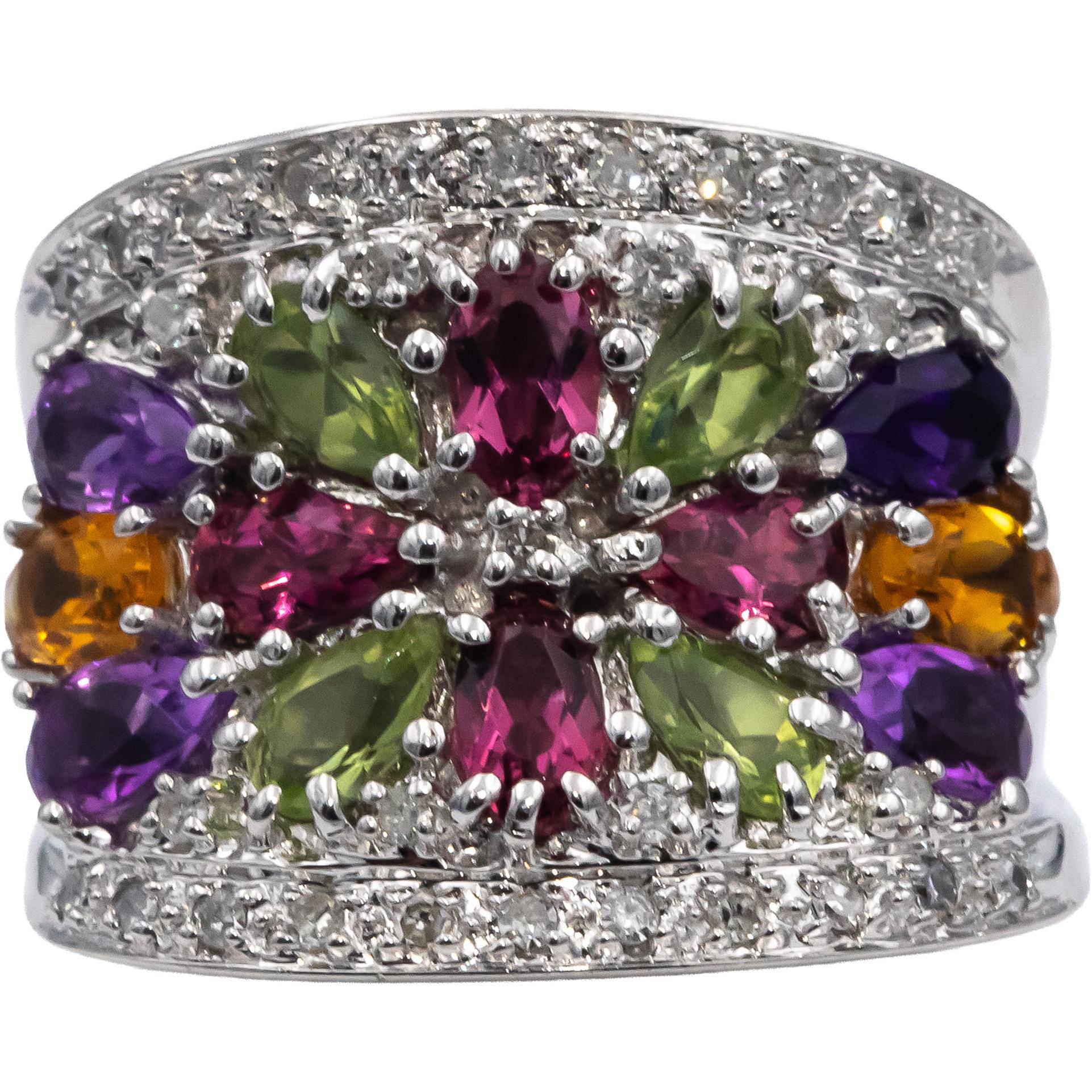 14k White Gold Diamond & Rainbow Gemstone Cluster Cocktail Ring 3.33CT Size 5.25