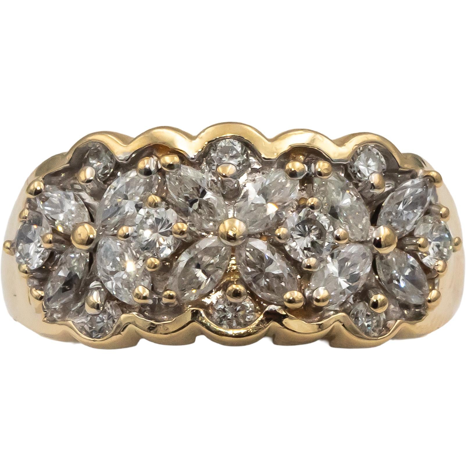 14k Yellow Gold VS Round Marquise Diamond Cluster Cocktail Ring 1.40CT Size 7.25