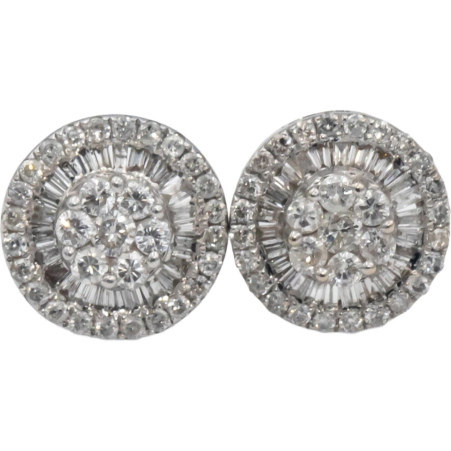 10k White Gold Round & Baguette Cut Diamond Cluster Stud Earrings 1.0CTW