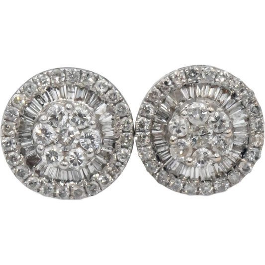 10k White Gold Round & Baguette Cut Diamond Cluster Stud Earrings 1.0CTW