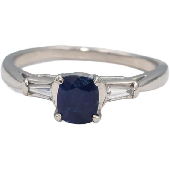 Platinum Cushion Sapphire & VS Baguette Diamond Cocktail Ring 1.11CT Size 7.5