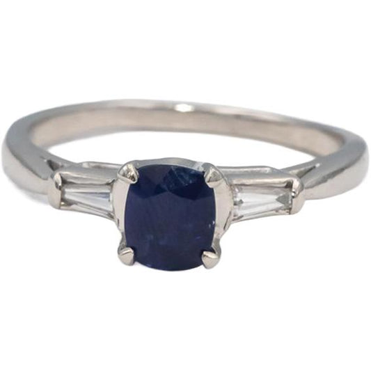 Platinum Cushion Sapphire & VS Baguette Diamond Cocktail Ring 1.11CT Size 7.5