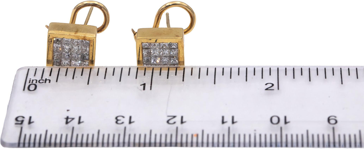 18k Yellow Gold Princess Cut Invisible Set Diamond Square Earrings 1.0CTW