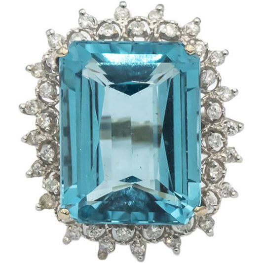 14k White Gold Emerald Cut Aquamarine Round Diamond Cocktail Ring 0.87CT Sz. 8.5